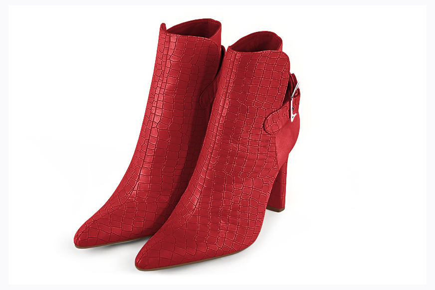 Scarlet red women's ankle boots with buckles at the back. Tapered toe. Very high slim heel. Front view - Florence KOOIJMAN